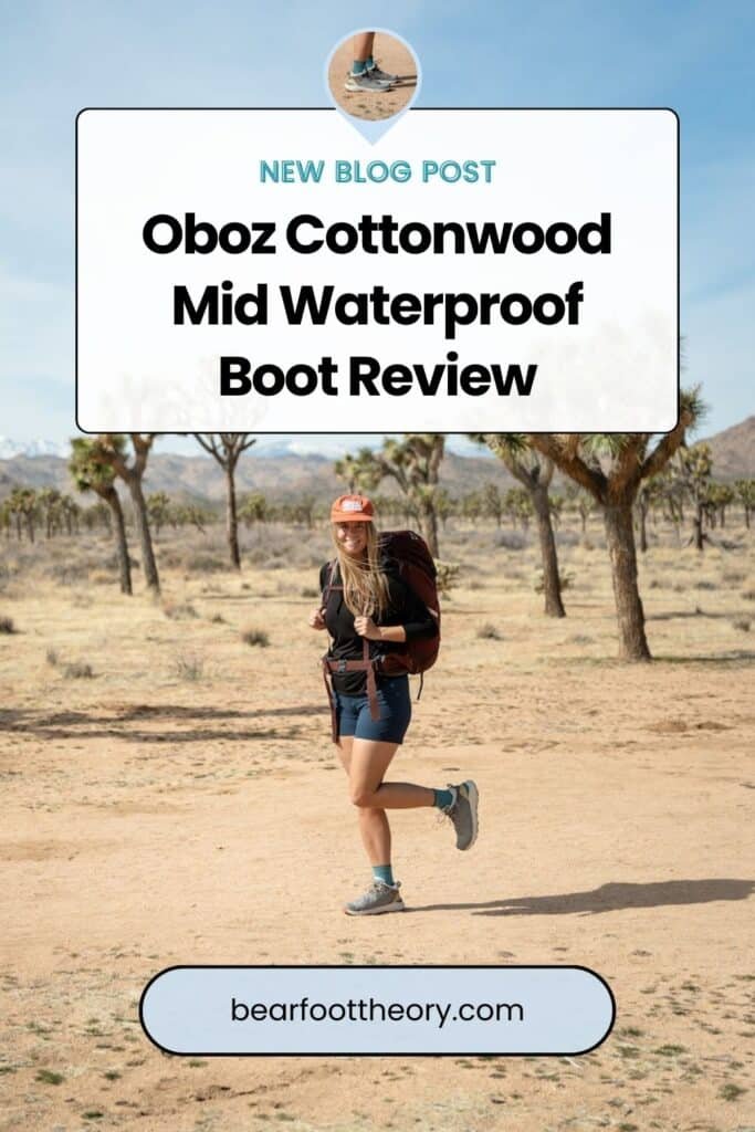 Pinterest image of woman wearing Oboz Cottonwood shoes. Text says "Oboz Cottonwood Mid Waterproof Boot Review"