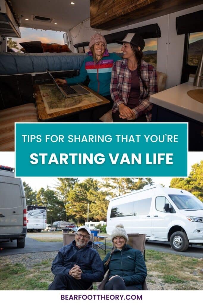 Pinterest image with text about How to Talk to Your Family and Friends about Starting Van Life with Alaina Hermiston and her friend and a separate image with her dad