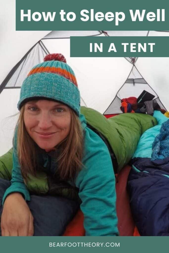Pinnable Image of a woman inside a tent with the text "how to sleep well in a tent"