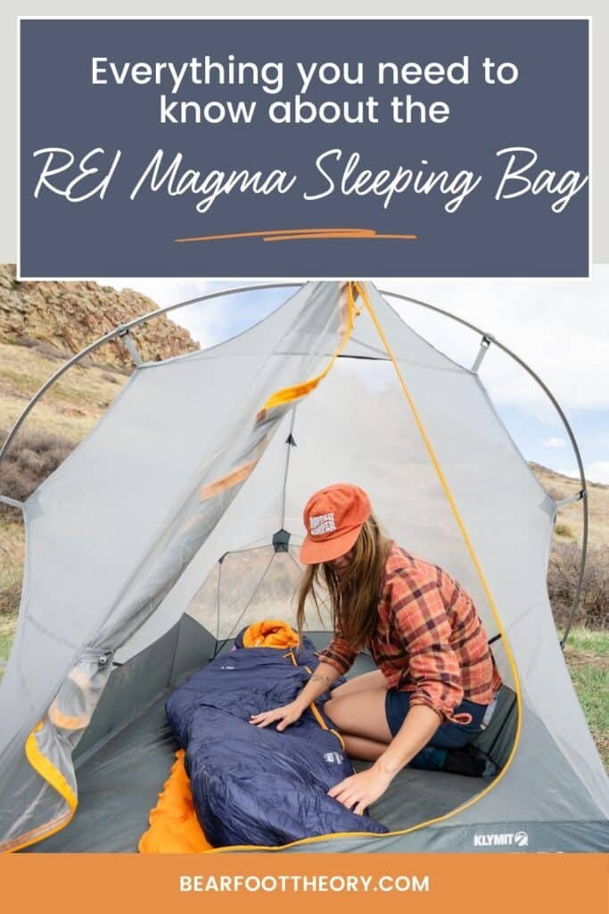 Pinterest Pin with woman setting up sleeping bag in a tent with the text "Everything you need to know about the REI Magma Sleeping Bag"