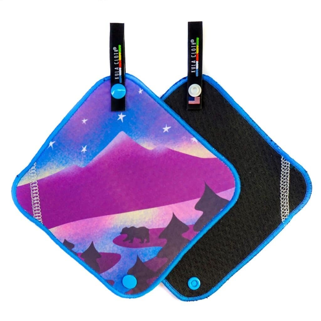 Terrain Spark custom Kula Cloth featuring a bear next to a lake with a cosmic mountain scene